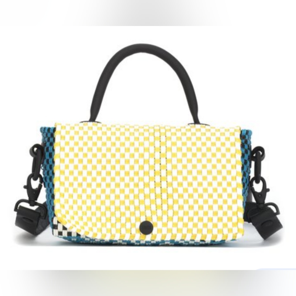 Truss mini top handle cross body plastic woven checkered multi color bag $208